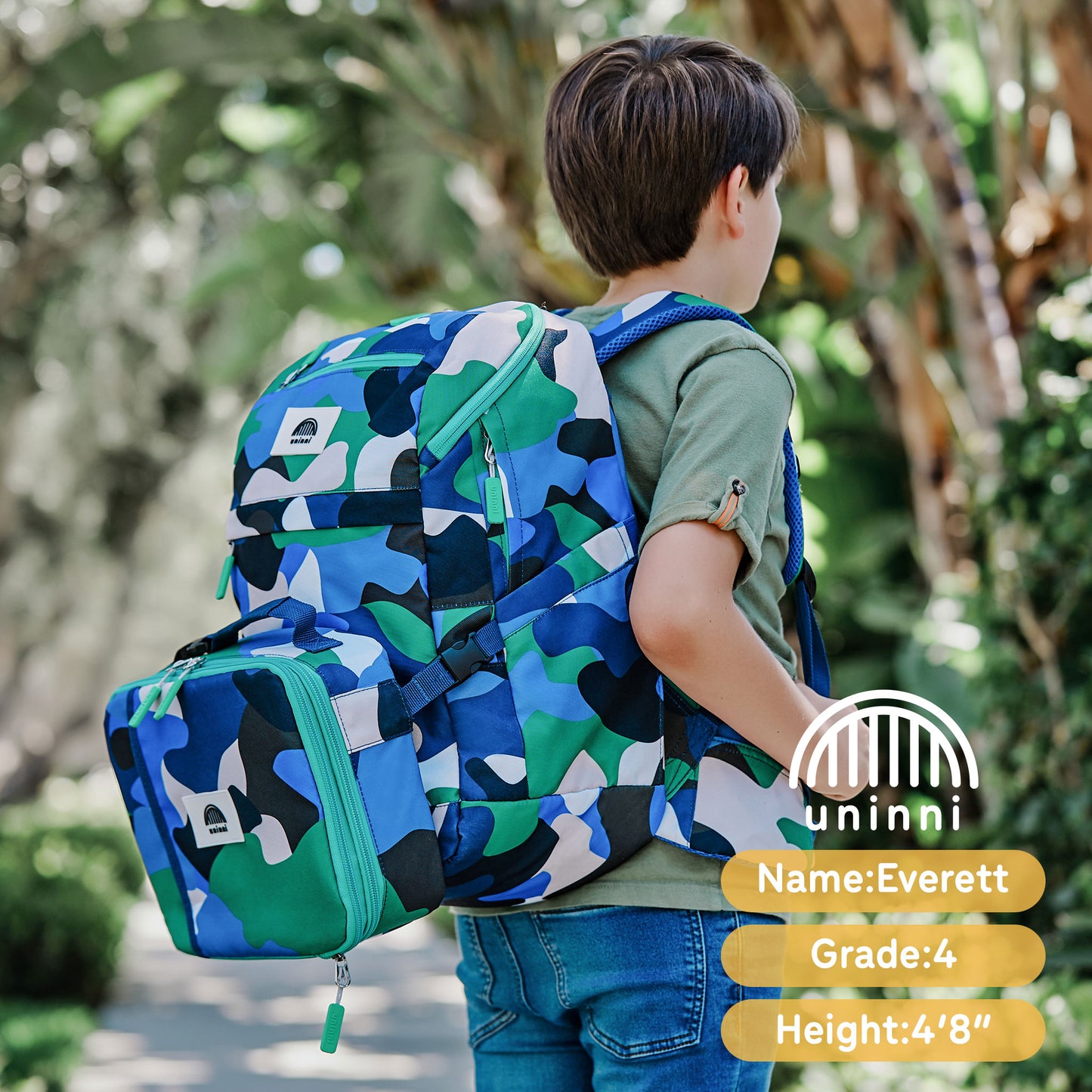 uninni kid's backpack lunch bag pencil case set camo kid blue/ green