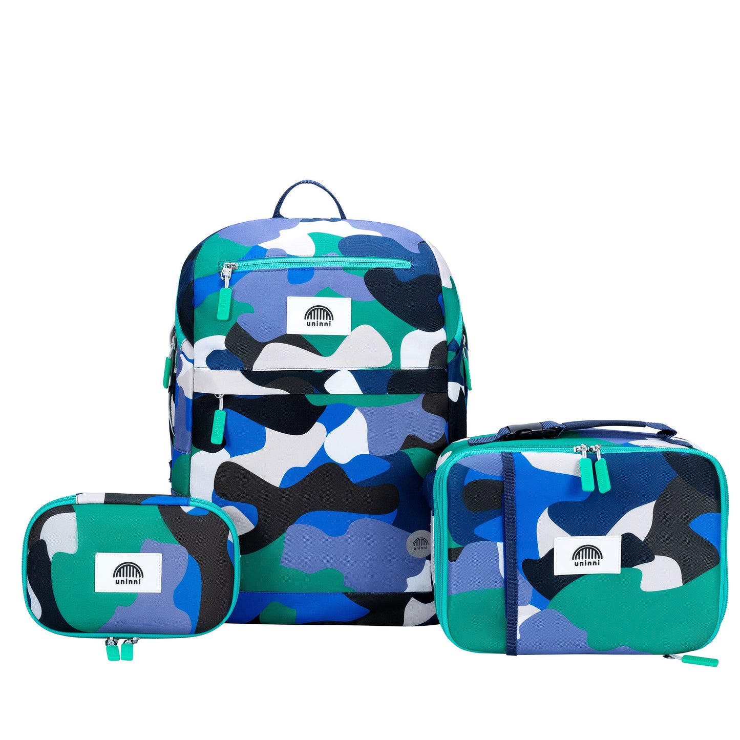 uninni kid's backpack lunch bag pencil case set camo kid blue/ green