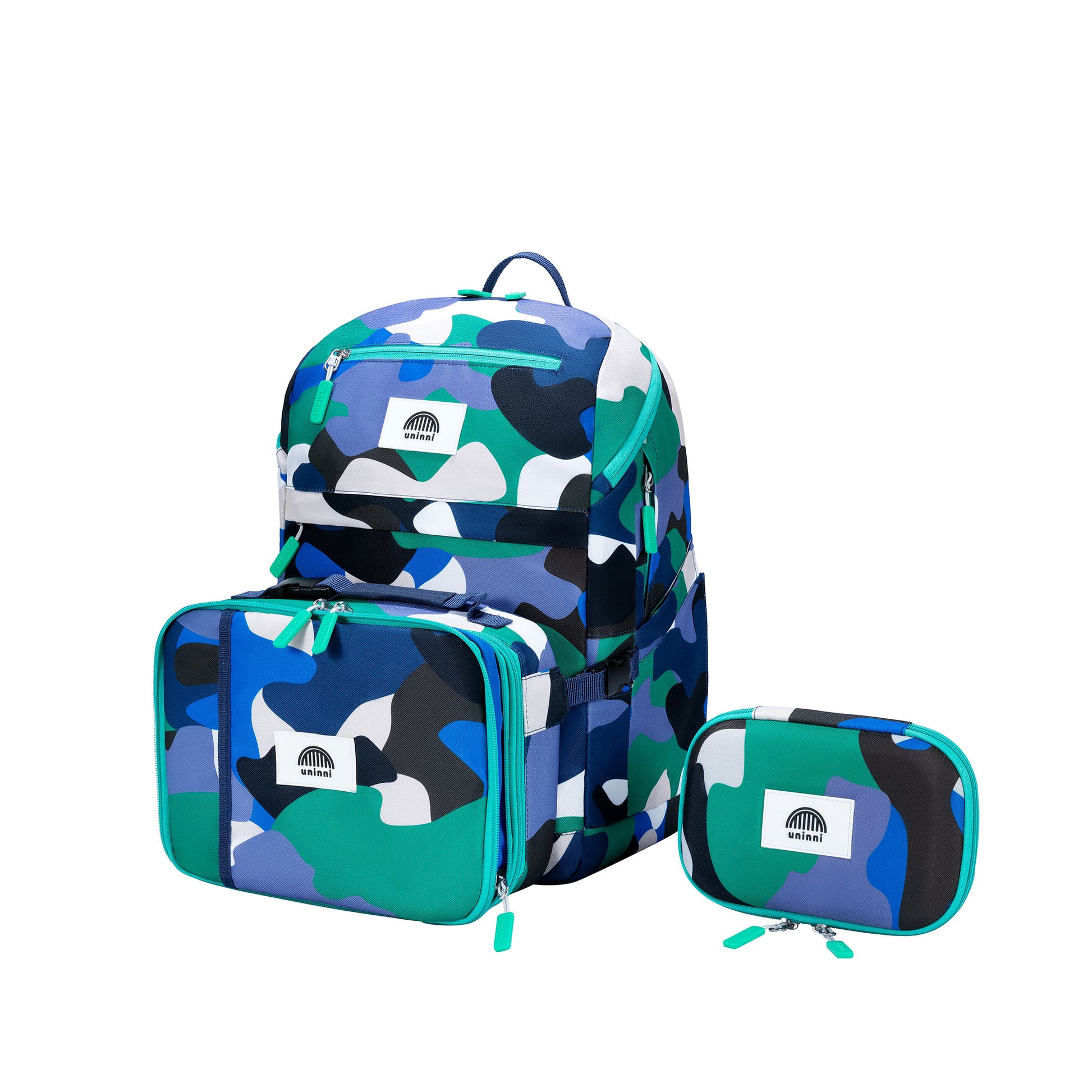 uninni kid's backpack lunch bag pencil case set camo kid blue/ green