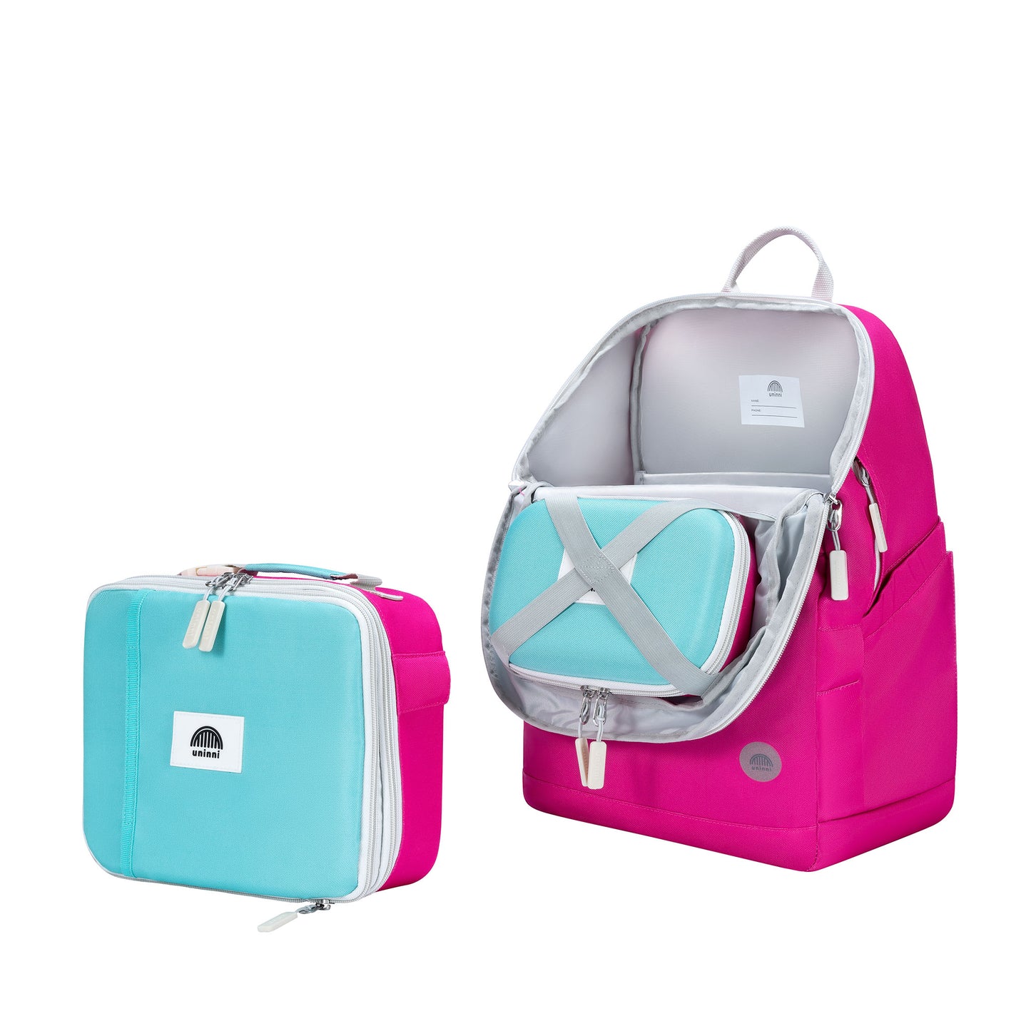 uninni kids backpack lunch bag pencil case pink color block