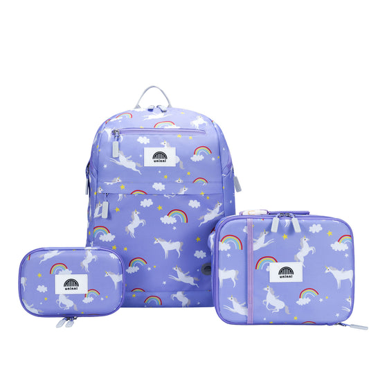 uninni kids backpack lunch bag pencil case rainbow unicorn purple