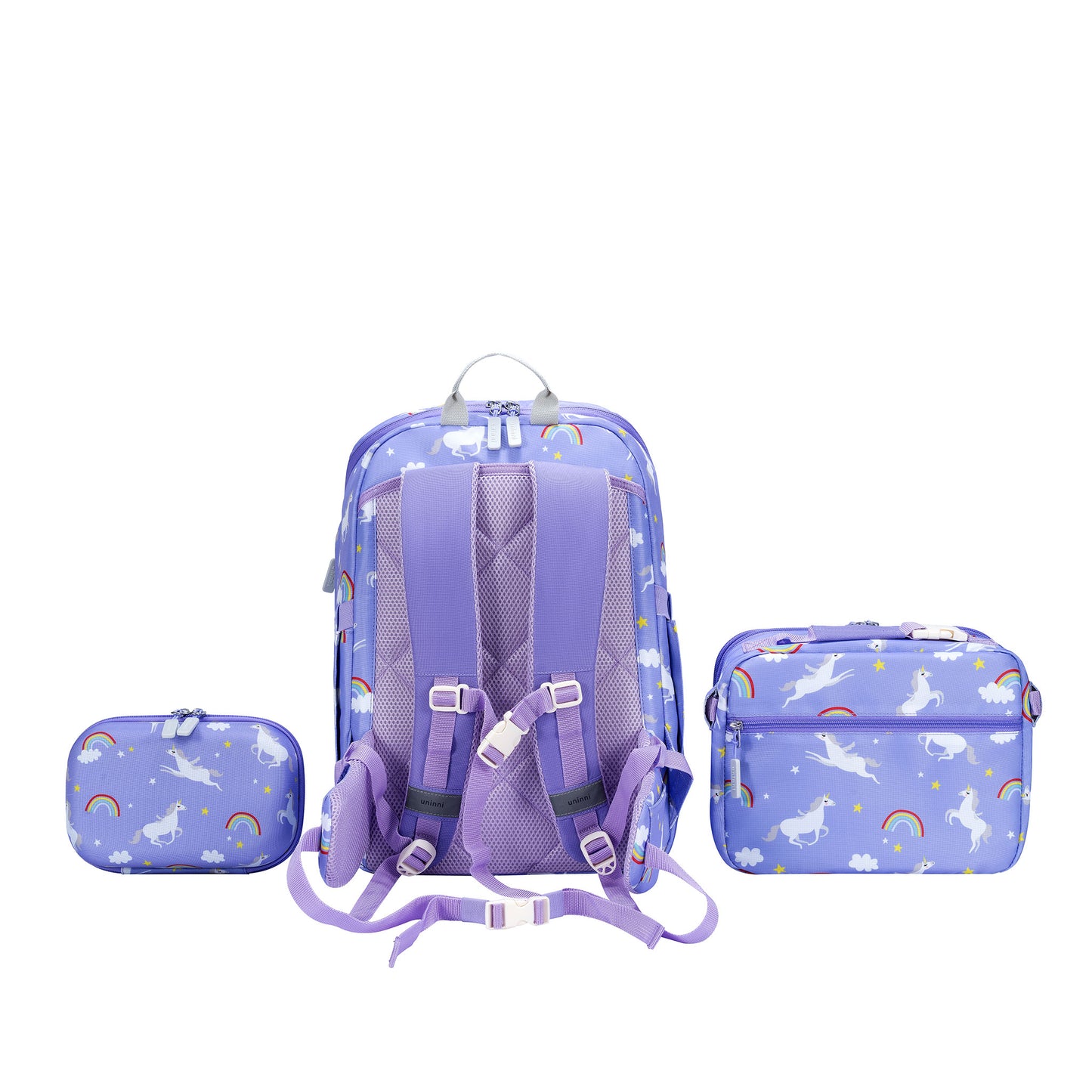 uninni kids backpack lunch bag pencil case rainbow unicorn purple